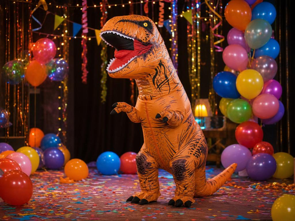 The Beast — a person in an inflatable orange T-Rex costume holding a microphone at a party